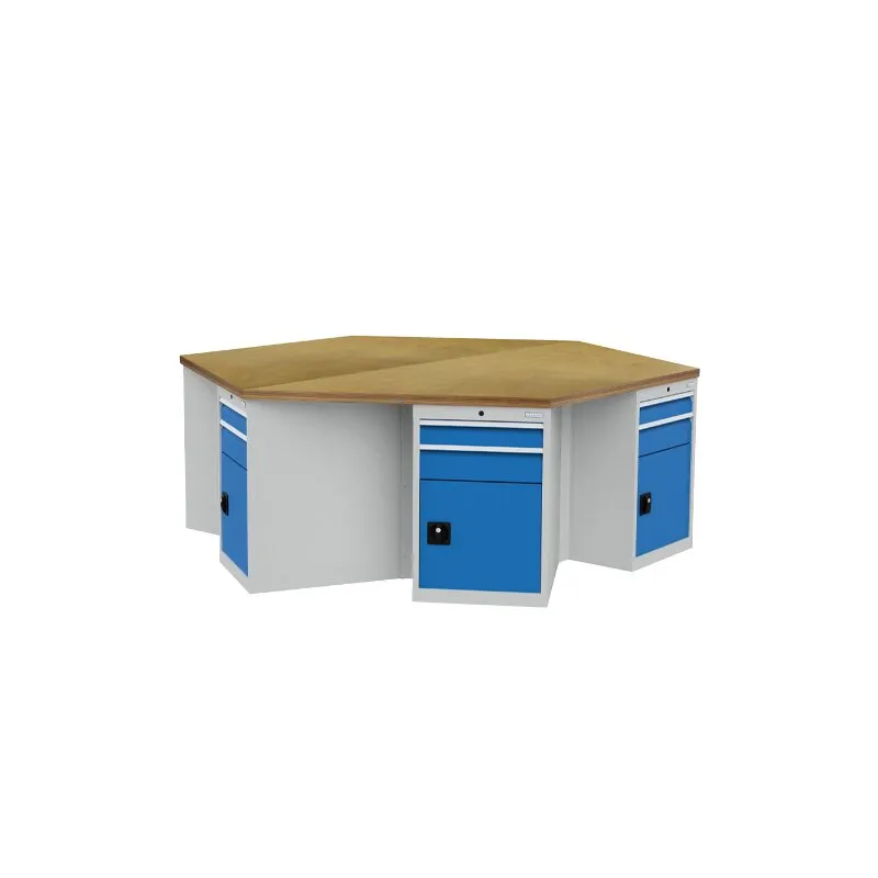 6-Eck-Werkbank, Breite 2500mm, 6 x Schubladenschrank, je 2 x Schublade, 1 x Flügeltüre Maße in mm (BxTxH): 2500 x 2165 x 859