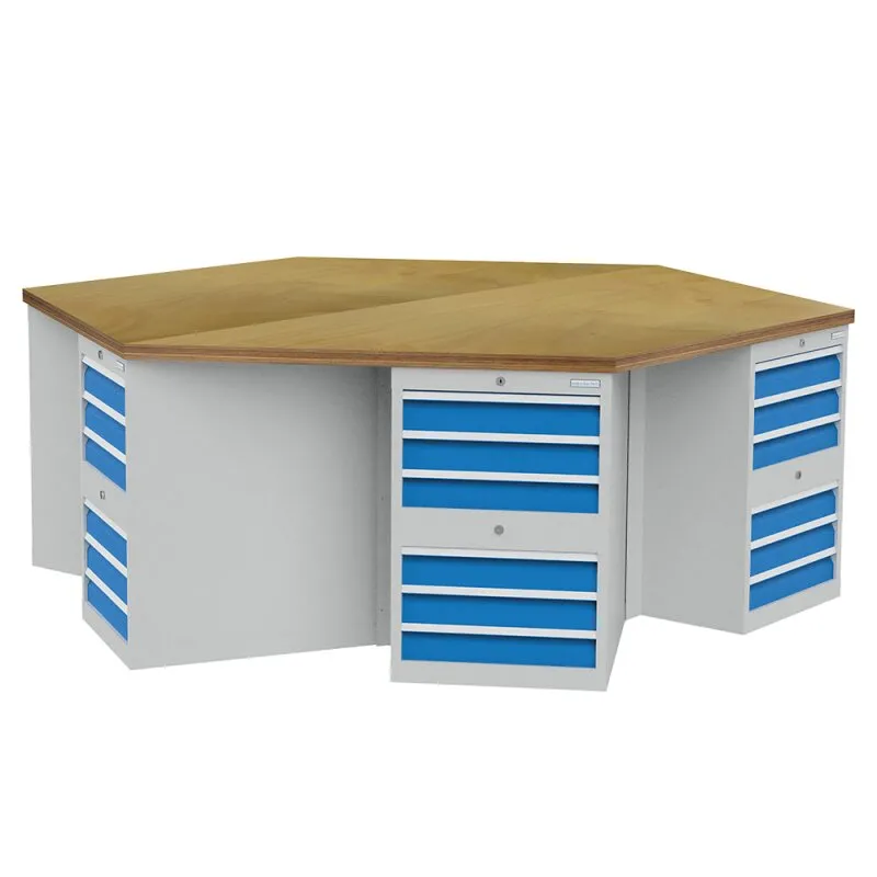 6-Eck-Werkbank, Breite 2500mm, 6 x Schubladenschrank Maße in mm (BxTxH): 2500 x 2165 x 859