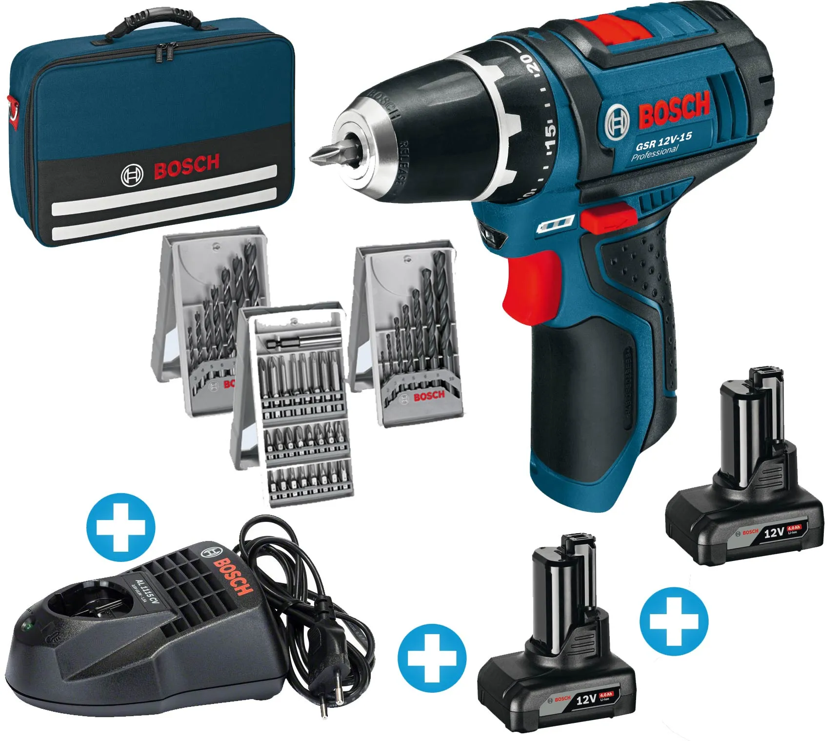 BOSCH Akku Bohrschrauber 12V-15 2x 4Ah 39tlg Zubehör Ladegerät Tasche